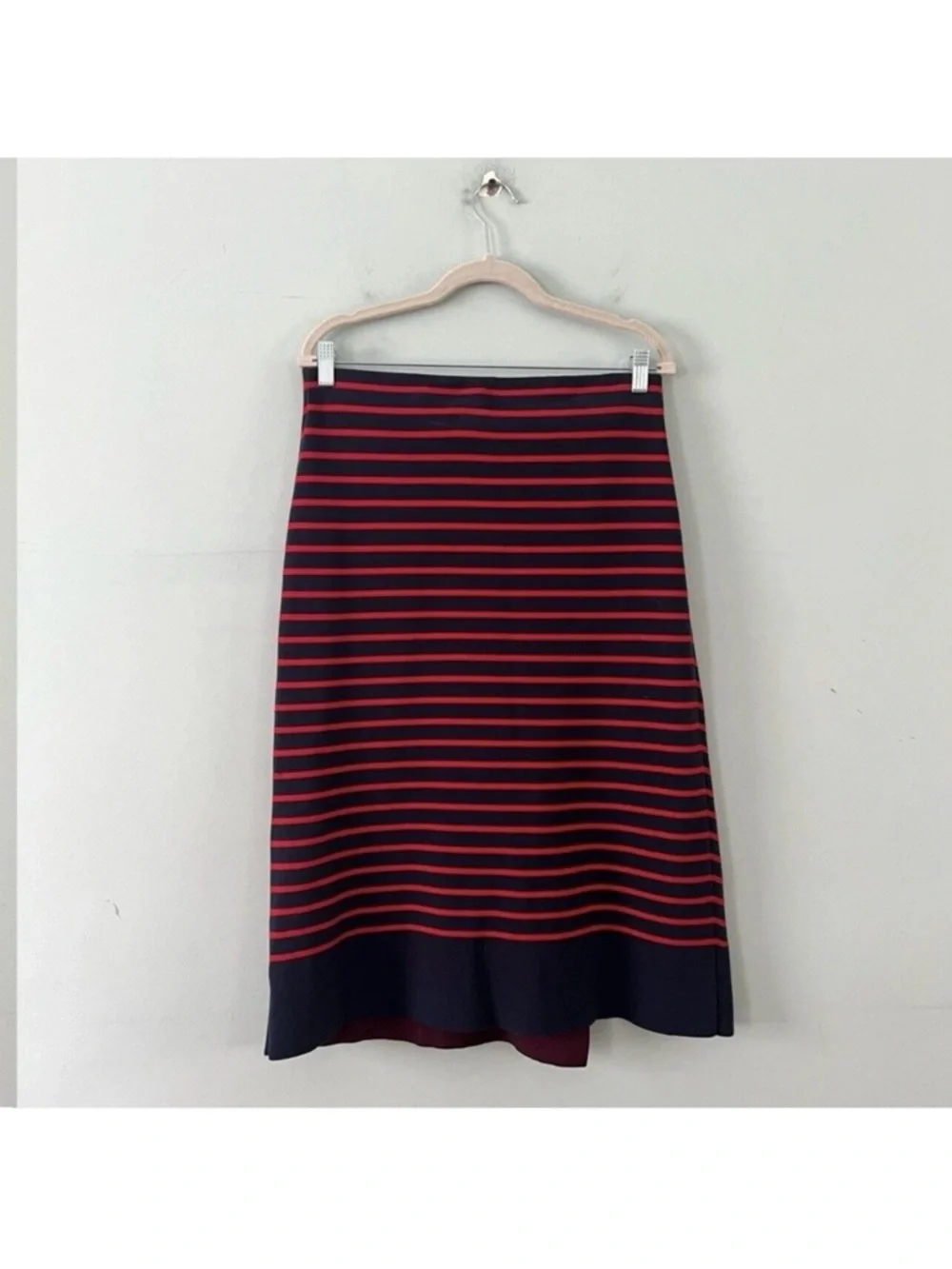 Tory Burch Anya‎ Knit Faux Wrap Medium Navy Blue Nantucket Red A-Line Midi Skirt